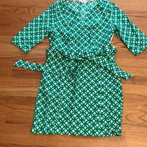 Boden Green and White Geometric Belted Sheath Dress